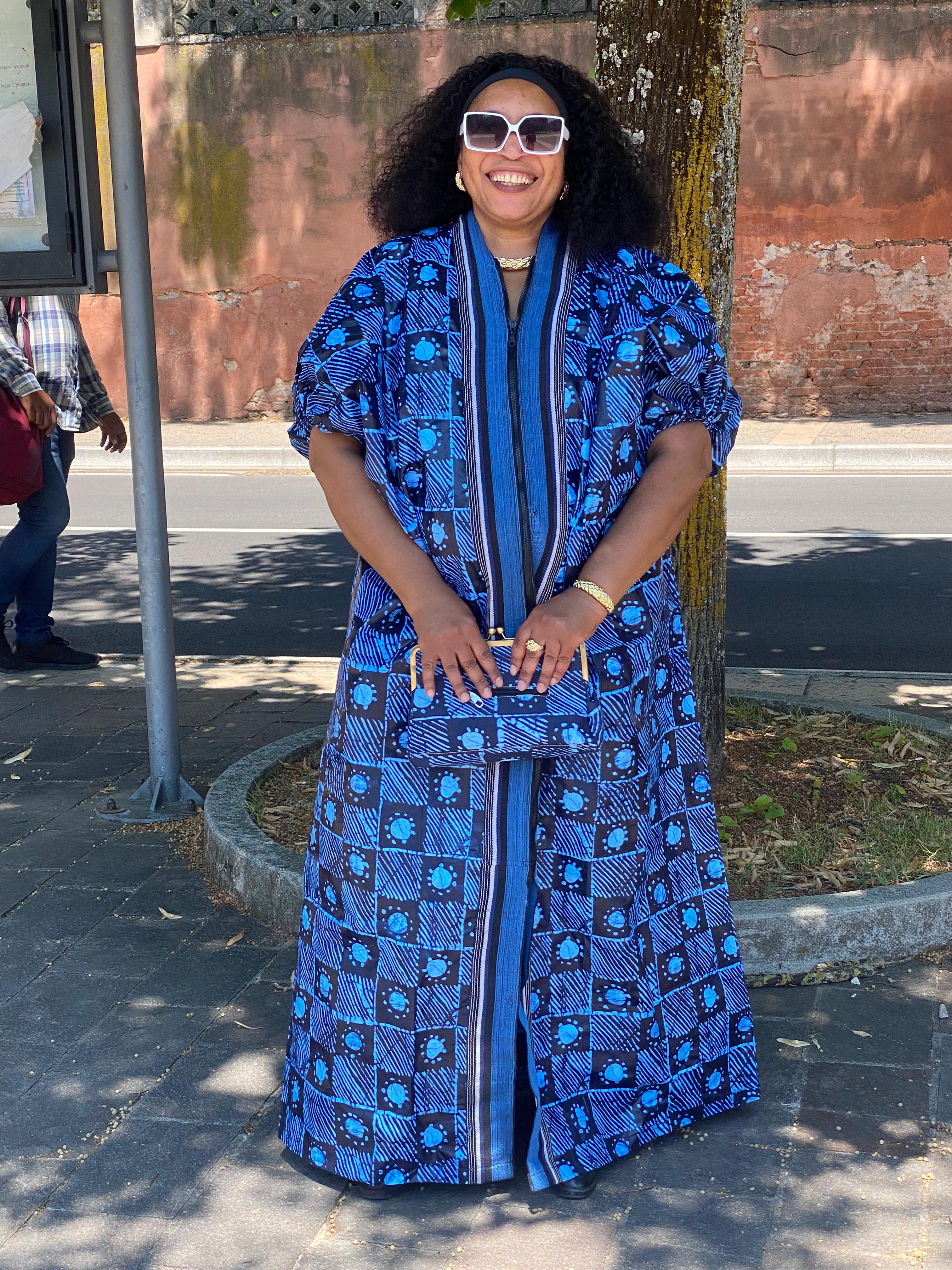 Blue, black and white Adire bubu gown designed with ashoke plus the purse