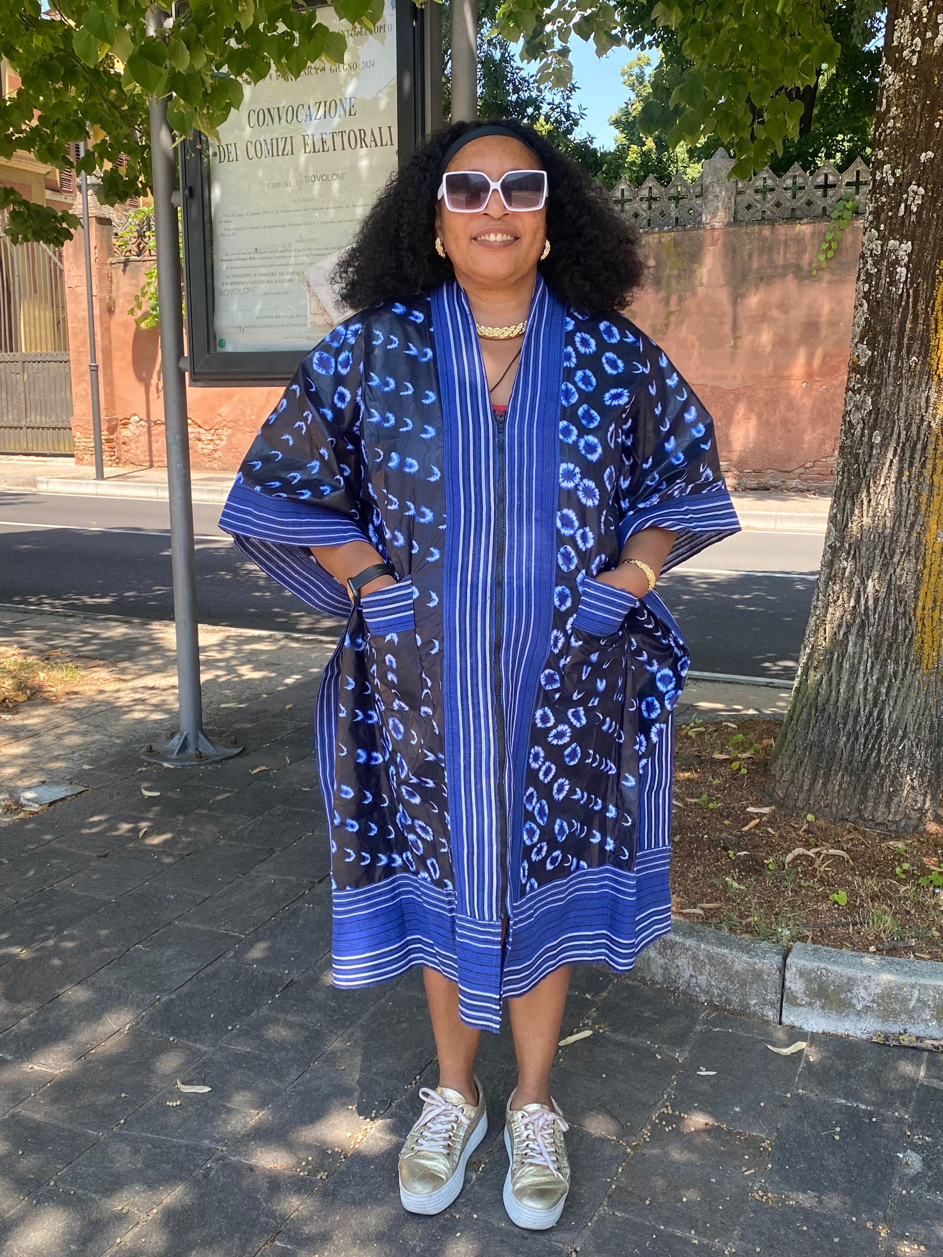Three-quarter Blue Adire gown designed with Ashoke