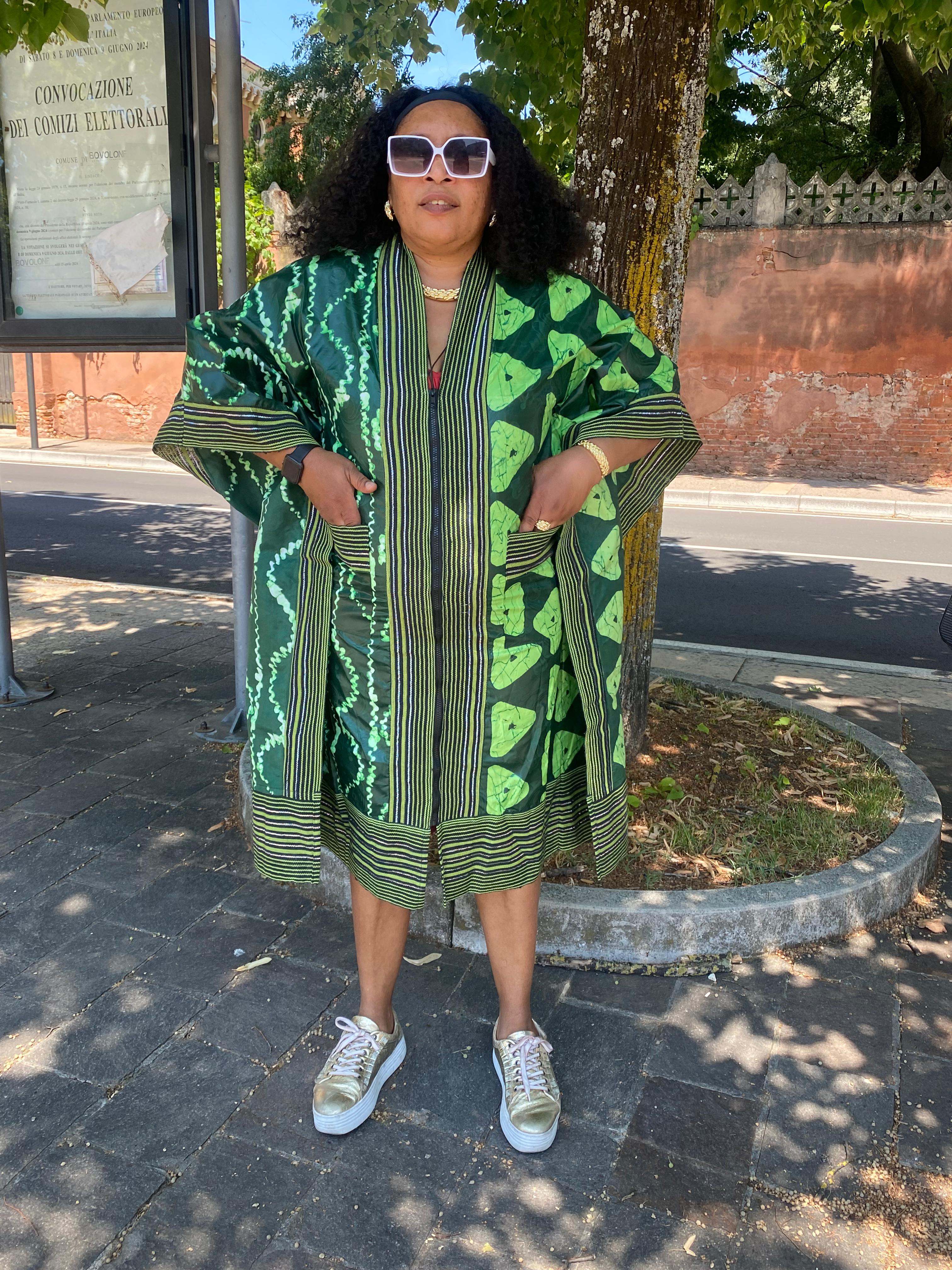 Three-quarter Green Adire gown designed with Ashoke