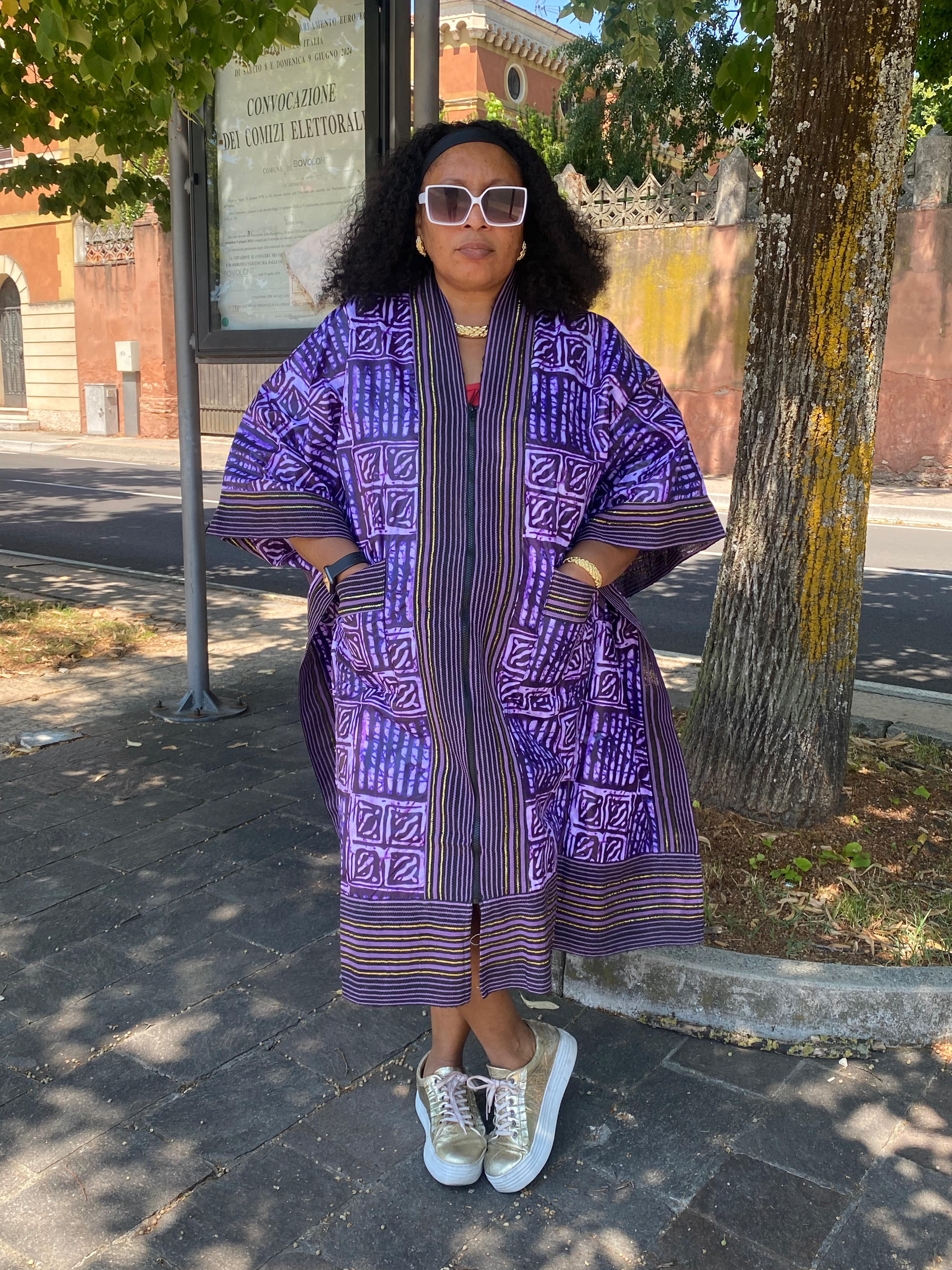 Three-quarter Purple Adire gown designed with Ashoke