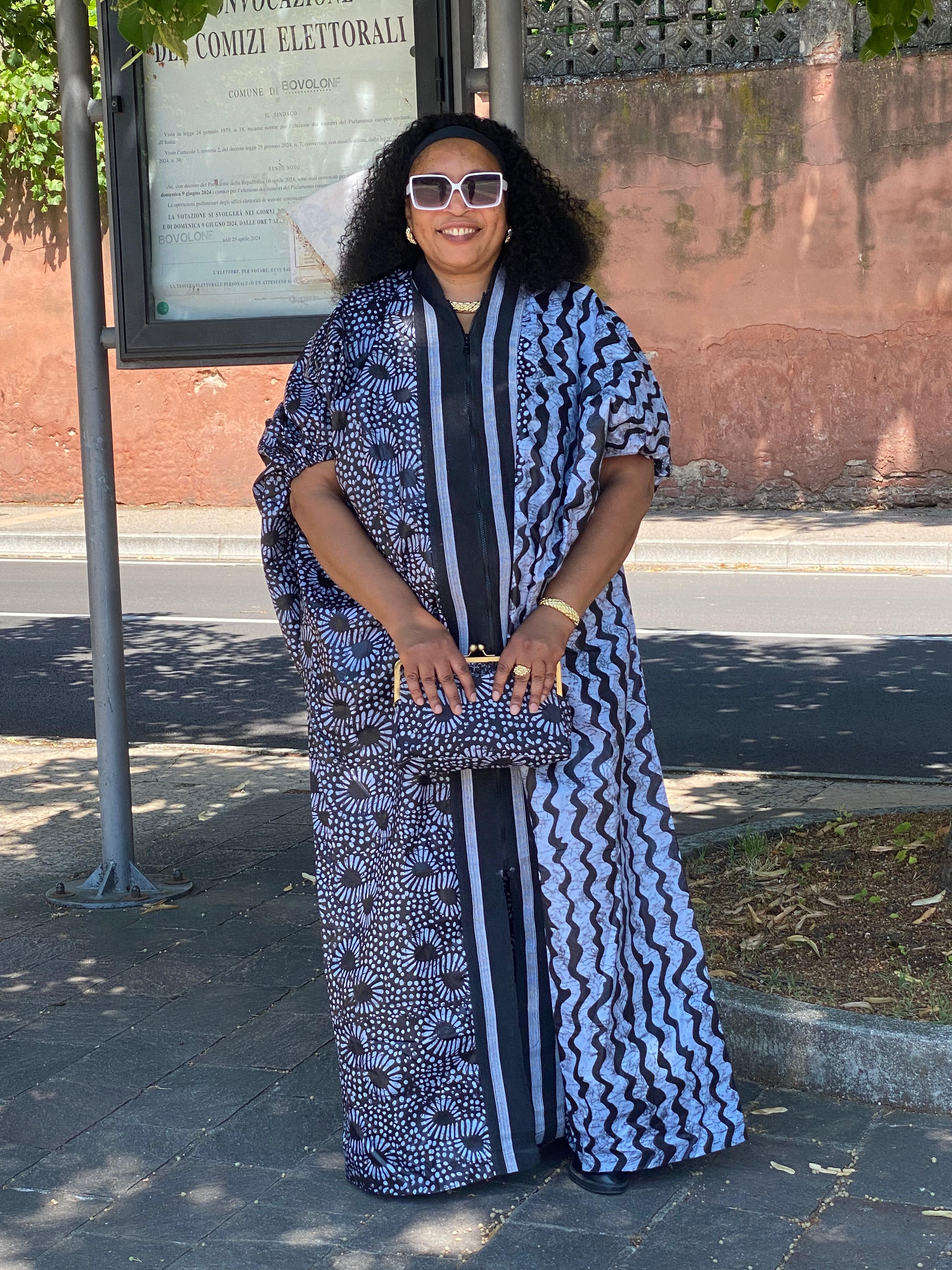 Ash and black Adire bubu gown designed with ashoke plus the purse